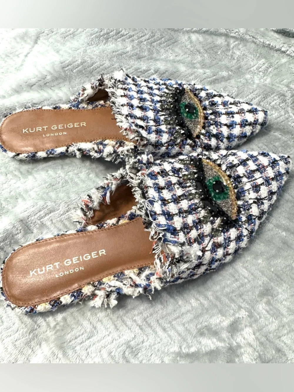 Kurt Geiger London Tweed Evil Eye Mule Flats Pointed Toe EU 42 Designer Slip On - Picture 5 of 11